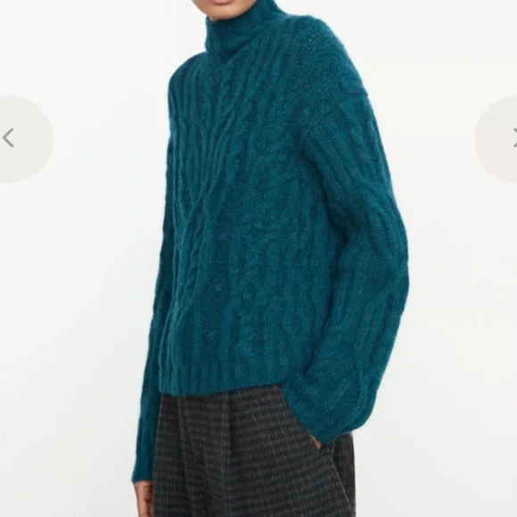 VINCE Interlaced Cable Knit Turtleneck Sweater Dark Malachite Sz M Alpaca Wool - Picture 2 of 15